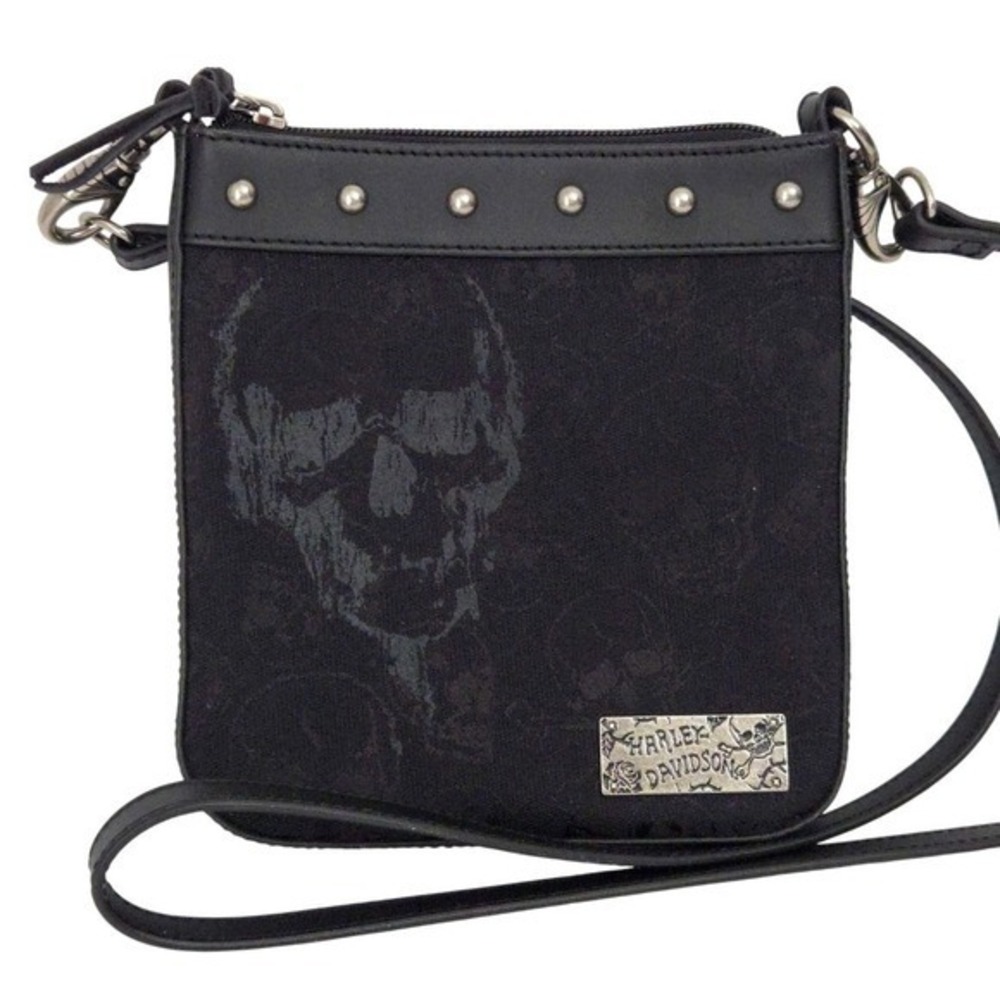 Harley Davidson Skull Black Jacquard & Leather Clip Bag Crossbody Handbag